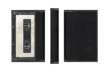 Compact music cassette tape in case, in vintage retro Y2K 80’s, 90’s style, isolated and clipping path on a transparent background, no shadows, three sides of cassette for mockups