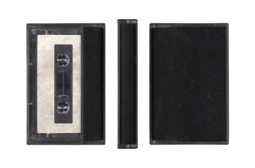 Compact music cassette tape in case, in vintage retro Y2K 80’s, 90’s style, isolated and clipping path on a transparent background, no shadows, three sides of cassette for mockups