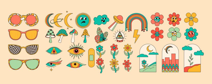 Set of groovy hippie stickers with colorful mushrooms, moon, flower, eyes, sunglasses and more. Retro trippy vector art.