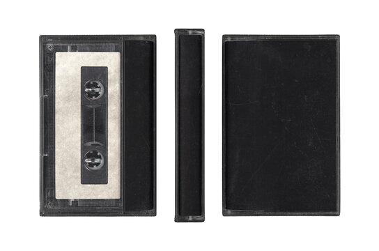 Compact music cassette tape in case, in vintage retro Y2K 80’s, 90’s style, isolated and clipping path on a transparent background, no shadows, three sides of cassette for mockups