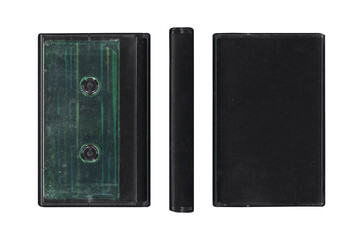 Compact music green cassette tape in case, in vintage retro Y2K 80’s, 90’s style, isolated and...