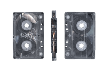 Broken Compact music cassette tape, in vintage retro Y2K 80’s, 90’s style, isolated and clipping path on a transparent background, no shadows, top view from three sides