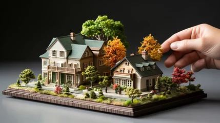 Fotobehang a detached house with a plot of land in miniature form for illustration. A hand in the picture © Marcus Jacobi
