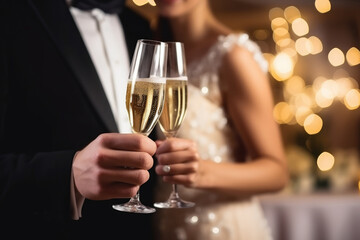 Newlywed Couple Holding Champagne Glasses In The Background Of Party