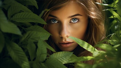 Peeking Through Nature's Veil: A Woman's Enchanting Blue Gaze Hidden Amongst the Leaves - obrazy, fototapety, plakaty