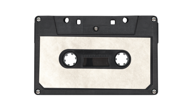 Compact music cassette tape with stickers in vintage retro Y2K 80’s, 90’s style, isolated and clipping path on a transparent background, no shadows, plastic analog clear cassette for realistic mockups