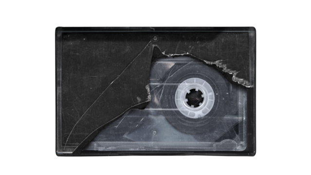 Broken compact cassette tape black case in vintage retro Y2K 80’s 90’s style, isolated and clipping path on a transparent background, no shadows, plastic analog magnetic clear cassette box for mockups