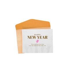 Letters and envelopes with New Year quote, greetings written on it.