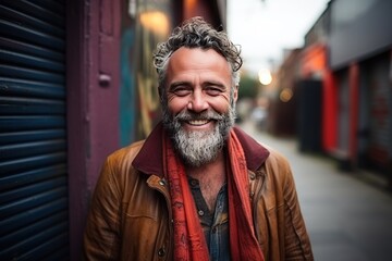 Fototapeta premium Portrait of a handsome smiling, happy and pleased man with positive vibes. Human person dressed in fashionable, colorful and fun clothes. Generative AI, AI