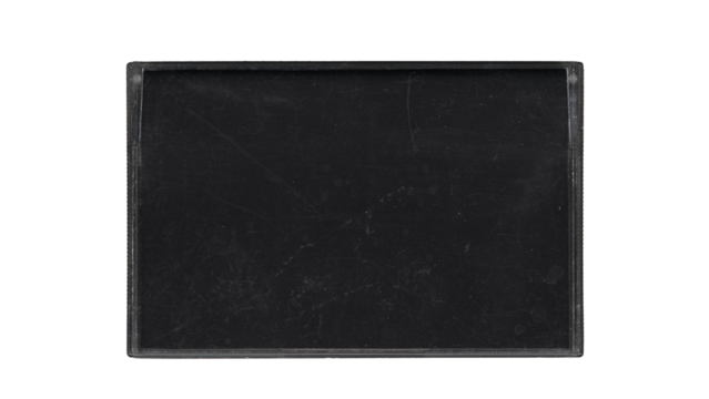 Compact music cassette tape black case, in vintage retro Y2K 80’s 90’s style, isolated and clipping path on a transparent background, no shadows, plastic analog magnetic clear cassette box for mockups