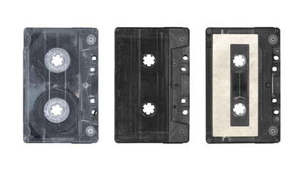 Compact music cassettes tape with stickers in vintage retro Y2K 80’s, 90’s style, isolated and clipping path on a transparent background, no shadows, plastic analog clear cassette for mockups