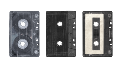 Compact music cassettes tape with stickers in vintage retro Y2K 80’s, 90’s style, isolated and clipping path on a transparent background, no shadows, plastic analog clear cassette for mockups