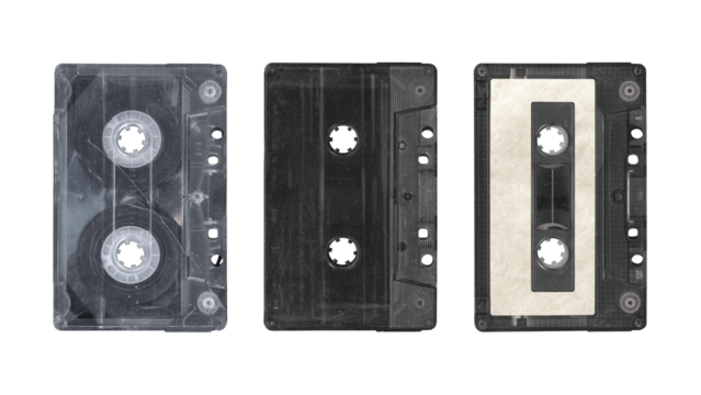 Compact music cassettes tape with stickers in vintage retro Y2K 80’s, 90’s style, isolated and clipping path on a transparent background, no shadows, plastic analog clear cassette for mockups