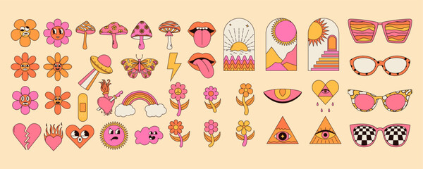 Groovy hippie sticker pack with psychedelic mushrooms, rainbow, flower, lips, eyes, sunglasses and more. Vintage vector graphics. - obrazy, fototapety, plakaty