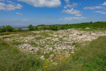 Mangup-Kale cave city, sunny day. Mountain view from the ancient cave town of Mangup-Kale in the Republic of Crimea, Russia. Bakhchisarai.