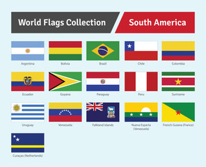 All Official South America Country flags With Names Vector Set. South America Continent Flags