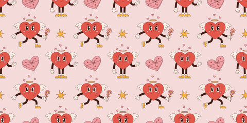 Groovy seamless pattern Valentines Day. Retro hippie style vector wallpaper in 60s, 70s. Vector cartoon background