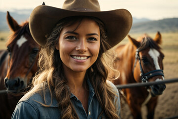 A cowgirl smiling and horses behind. Generative AI. - obrazy, fototapety, plakaty