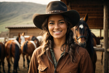 A cowgirl smiling and horses behind. Generative AI.