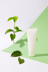 Front view of a tube of moisturizer placed on a minimalist background with green tea leaves. Developing vegan cosmetics with natural green tea essence - safe for the skin.