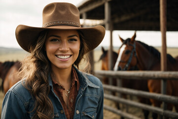 A cowgirl smiling and horses behind. Generative AI.