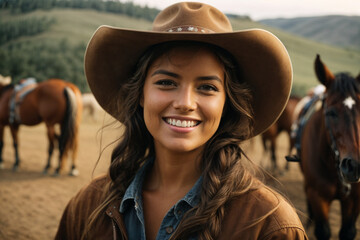 A cowgirl smiling and horses behind. Generative AI.