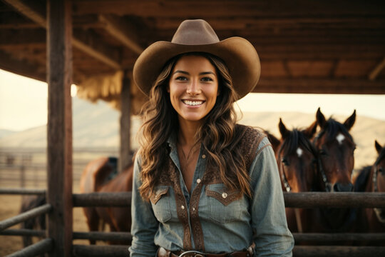 A cowgirl smiling and horses behind. Generative AI.