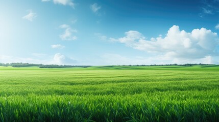 Obraz premium scenic background of the expansive agriculture field, the vibrant green grass and flourishing plants showcased the natural beauty of nature and the thriving agribusiness industry great outdoors.