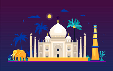 Taj Mahal at night - modern colored vector illustration