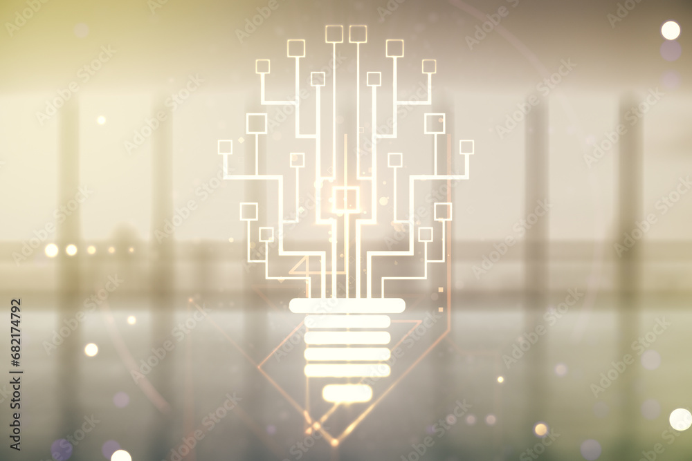 Poster double exposure of virtual creative light bulb hologram with chip on empty modern office background,