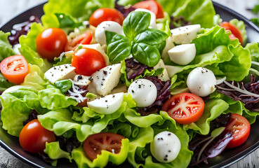Healthy vegetable salad of fresh tomato, mozzarella, cucumber, onion, lettuce and sesame on plate.