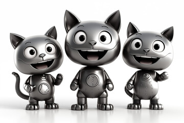 Smiling cats made of iron on white background.  Cats in iron style.