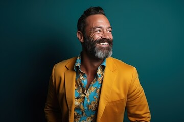 Fototapeta premium Handsome smiling, happy and pleased man with positive vibes. Human person dressed in fashionable, colorful and fun clothes. Generative AI, AI