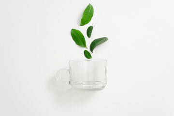 Fresh green tea leaves poured from a glass cup with handle on a white background. The antioxidants...