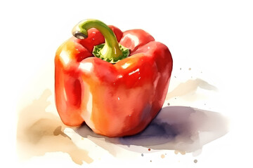 Watercolor red bell pepper with splashes of paint on a white background. 