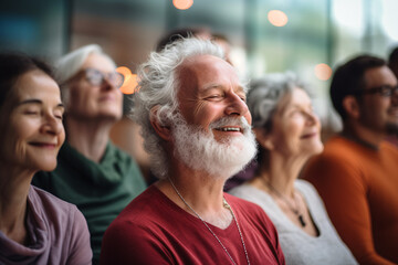 A Heartwarming Image Capturing a Group of Happy Elderly People Finding Balance, Vitality, and Joy Through the Practice of Yoga, Embracing Wellness and Serenity in their Golden Chapter of Life