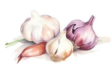 Watercolor heads of garlic with splashes of paint on a white background. 