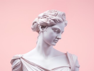 Antique Statue of a Woman goddess in profile. Greek Ancient Sculpture of female head with pink pastel background. Modern trendy y2k style.