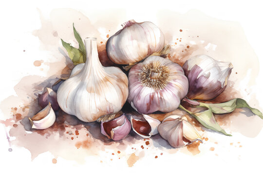 Watercolor heads of garlic with splashes of paint on a white background. 