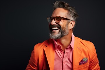 Obraz premium Handsome smiling, happy and pleased man with positive vibes. Human person dressed in fashionable, colorful and fun clothes. Generative AI, AI