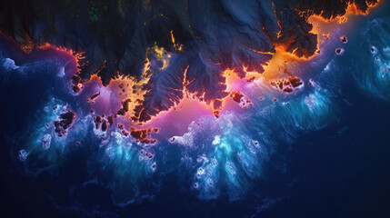 aerial view of colorful magical lights on sea at night, beach view at night ,top view - obrazy, fototapety, plakaty