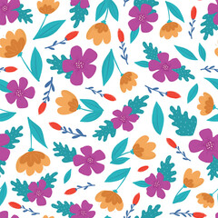 Floral seamless pattern with abstract flowers and leaves on white background for wallpaper, textile prints, wrapping paper, apparel decor, etc. EPS 10