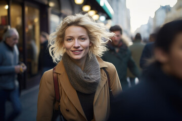 Smiling woman standing in the crowded Paris city street, feeling happy and blissful, busy blurred...