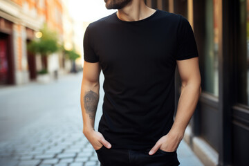 Fototapeta premium Handsome young man wearing black canvas t shirt standing on the street. Design t shirt template, print presentation mockup