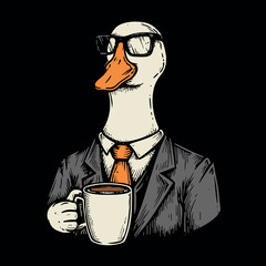 Silly goose drinking coffee wearing a suit and glasses illustration. Funny professional goose hand drawing. Vintage style design vector for print products and t-shirts. © Pictandra