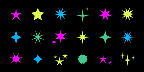Fototapeta na wymiar Vector retro set of acid futuristic sparkle icons on black background. Collection of colorful star shapes. Y2k abstract stars. Abstract cool shine 90s signs.