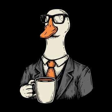 Silly goose drinking coffee wearing a suit and glasses illustration. Funny professional goose hand drawing. Vintage style design vector for print products and t-shirts.