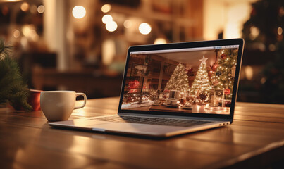 laptop and cup of coffee in Christmas time