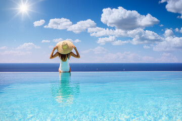 Summer holiday concept with a woman with sunhat sitting at the endge of a big infinity pool - 682178553