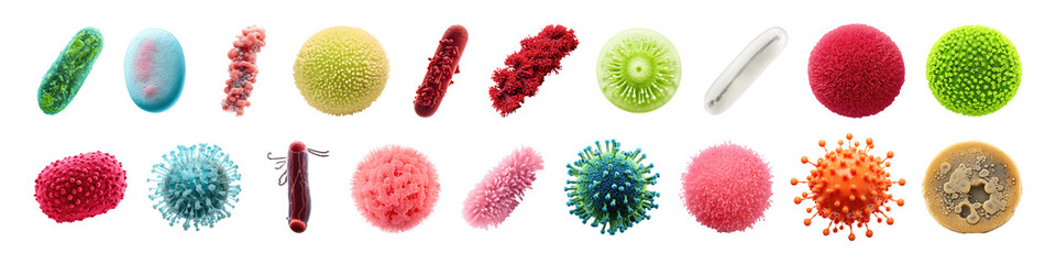 Set of microbes and viruses isolated on transparent background.